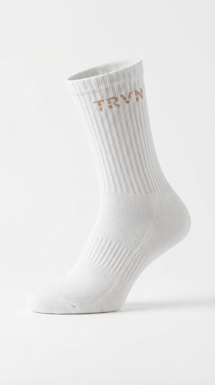 1 pk Hvite Ribbestrikkede Sokker – TRVN (Beige Logo)