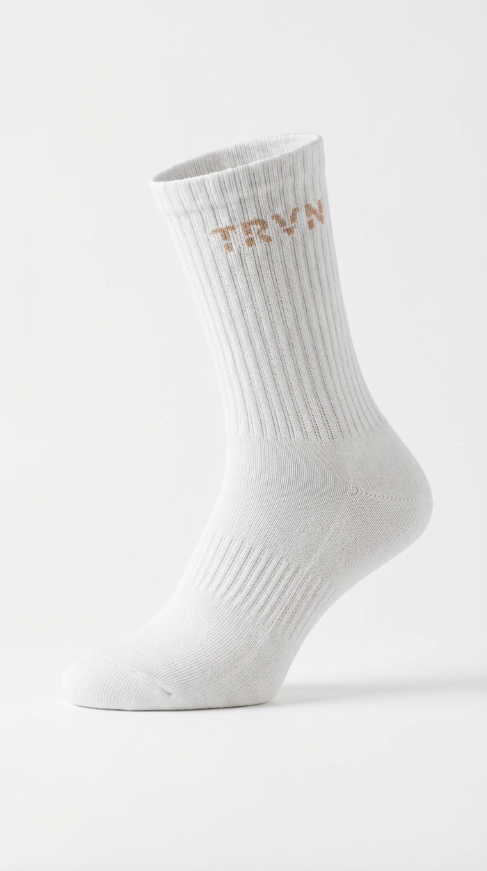 1 pk Hvite Ribbestrikkede Sokker – TRVN (Beige Logo)