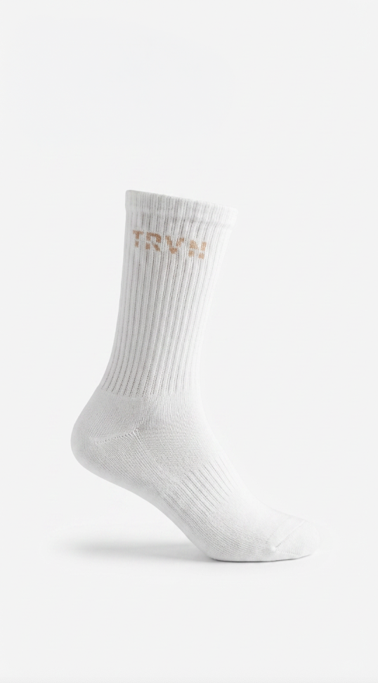 1 pk Hvite Ribbestrikkede Sokker – TRVN (Beige Logo)